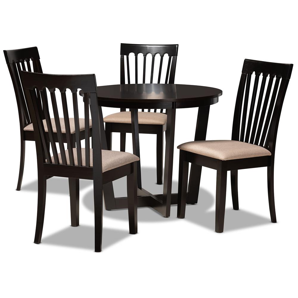 Sand Fabric Upholstered and Dark Brown Finished Wood 5-Piece Dining Set. Picture 10