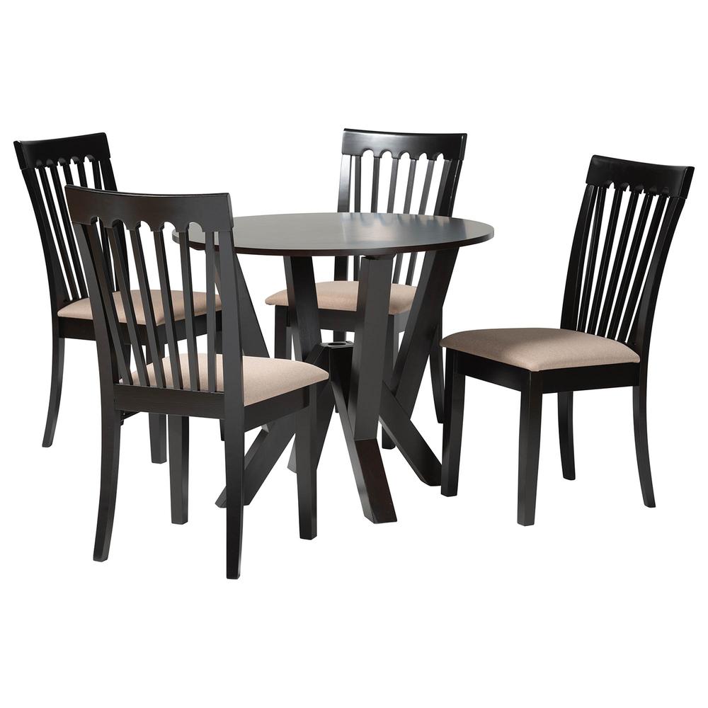 Marian Modern Sand Fabric and Dark Brown Finished Wood 5-Piece Dining Set. Picture 11