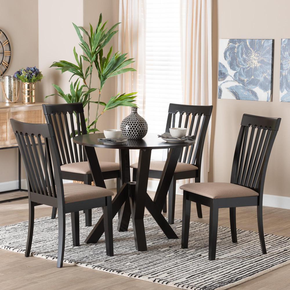 Marian Modern Sand Fabric and Dark Brown Finished Wood 5-Piece Dining Set. Picture 18