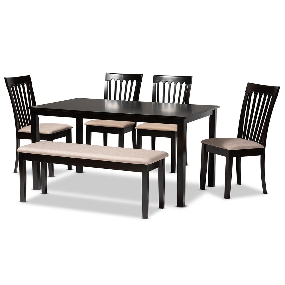 Sand Fabric Upholstered and Dark Brown Finished Wood 6-Piece Dining Set. Picture 11