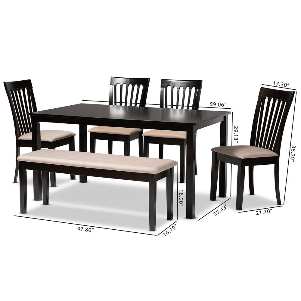 Sand Fabric Upholstered and Dark Brown Finished Wood 6-Piece Dining Set. Picture 20