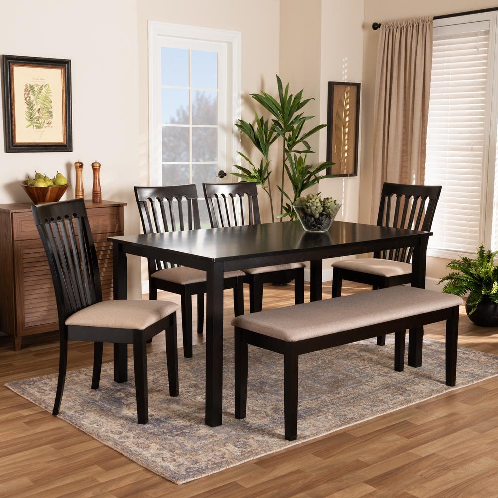 Sand Fabric Upholstered and Dark Brown Finished Wood 6-Piece Dining Set. Picture 18