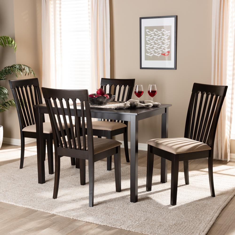 Baxton Studio Minette Modern and Contemporary Sand Fabric Upholstered Espresso Brown Finished Wood 5-Piece Dining Set. Picture 4