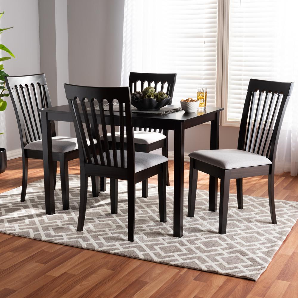 Baxton Studio Minette Modern and Contemporary Gray Fabric Upholstered Espresso Brown Finished Wood 5-Piece Dining Set. Picture 4