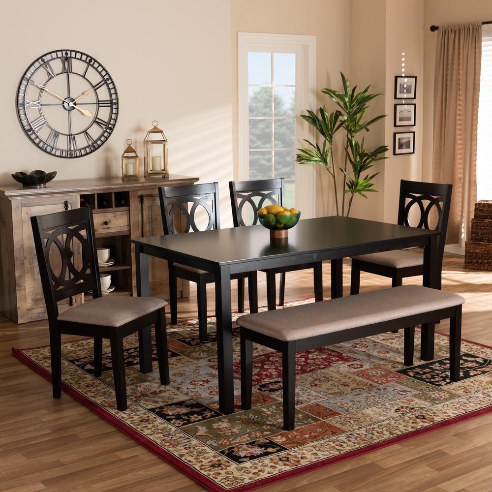 Sand Fabric Upholstered and Dark Brown Finished Wood 6-Piece Dining Set. Picture 16