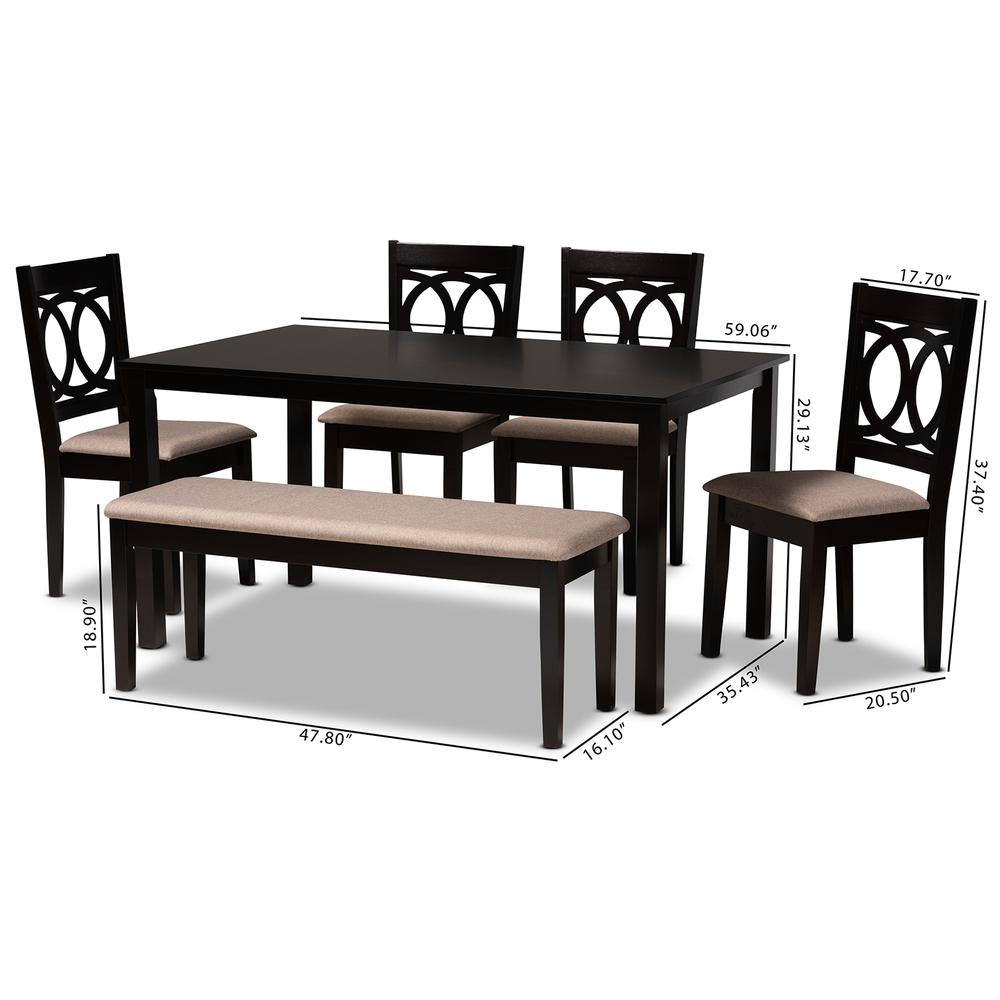 Sand Fabric Upholstered and Dark Brown Finished Wood 6-Piece Dining Set. Picture 18