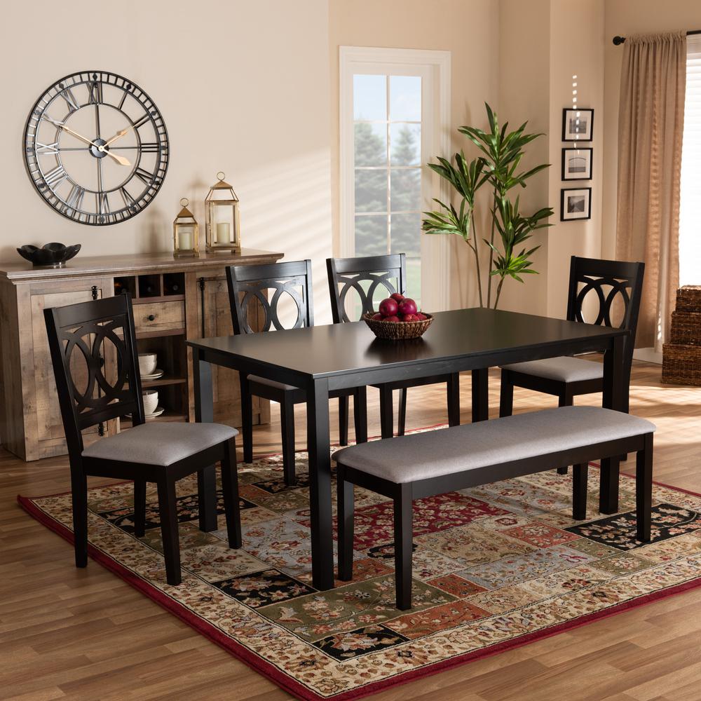 Grey Fabric Upholstered and Dark Brown Finished Wood 6-Piece Dining Set. Picture 16