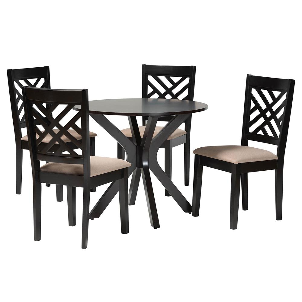 Norah Modern Sand Fabric and Dark Brown Finished Wood 5-Piece Dining Set. Picture 11