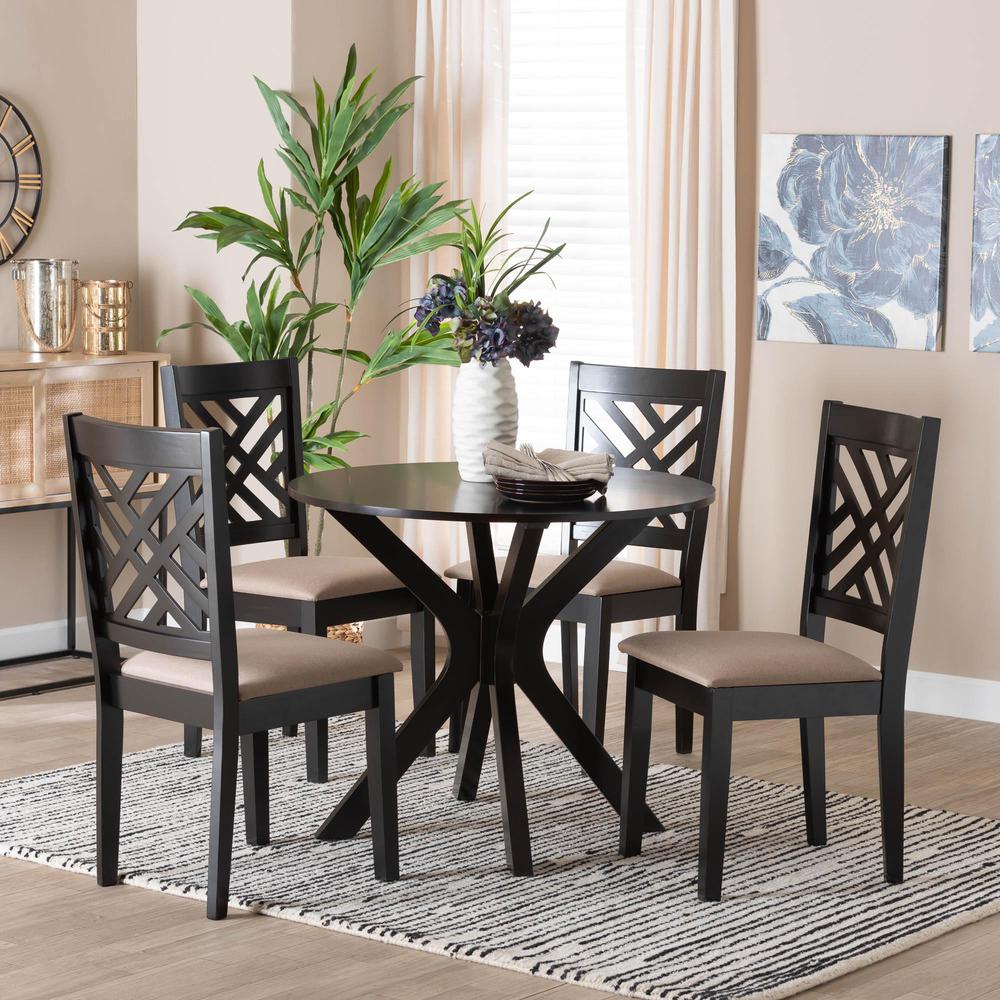 Norah Modern Sand Fabric and Dark Brown Finished Wood 5-Piece Dining Set. Picture 18