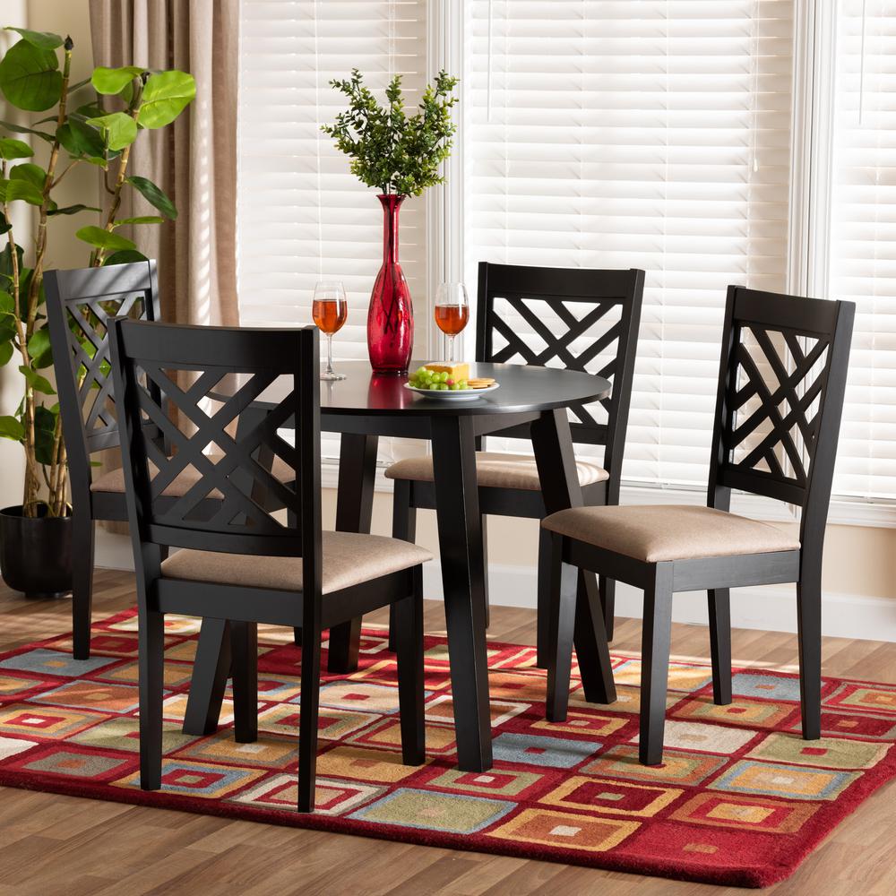 Ellie Modern Beige Fabric and Dark Brown Finished Wood 5-Piece Dining Set. Picture 18
