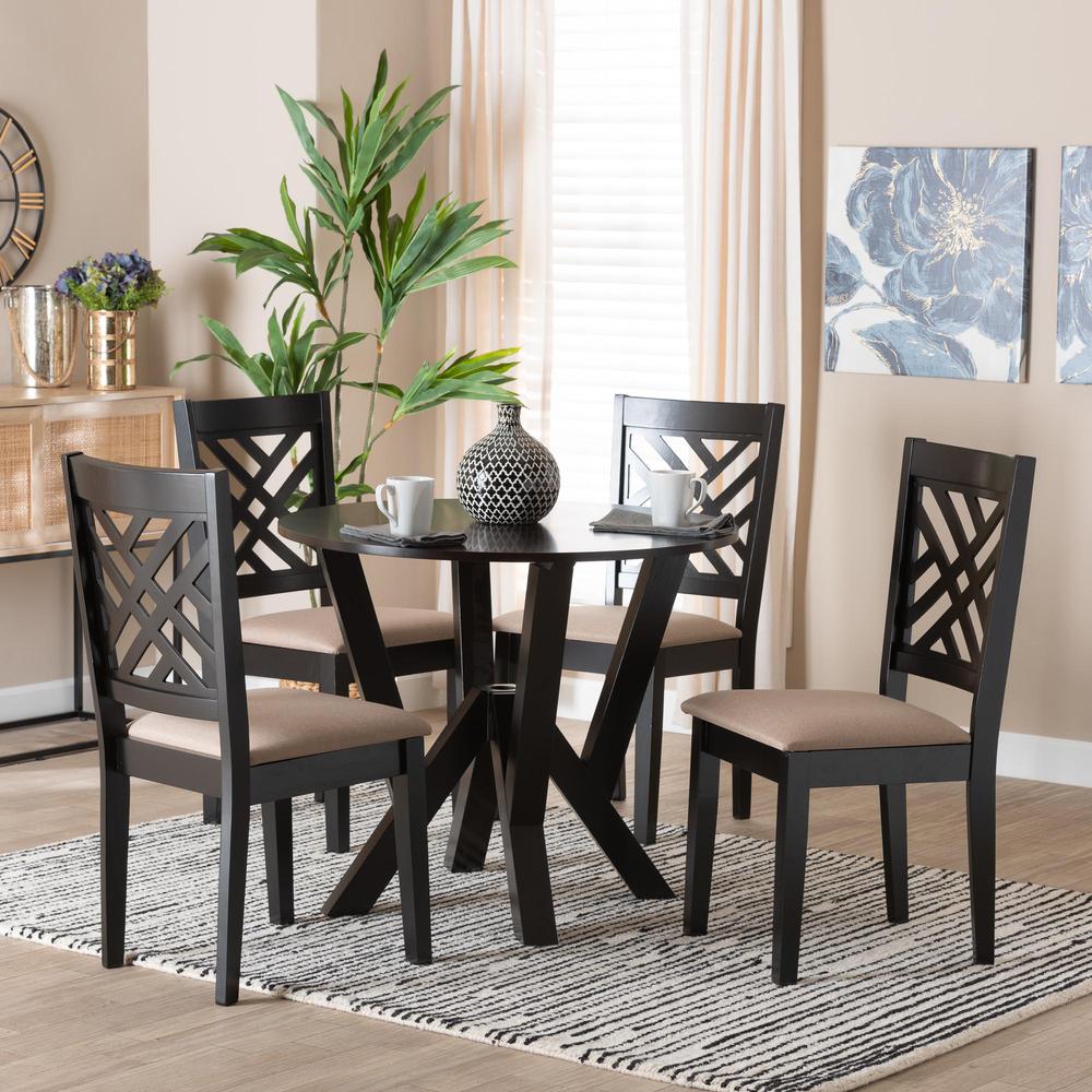 Elise Modern Sand Fabric and Dark Brown Finished Wood 5-Piece Dining Set. Picture 18