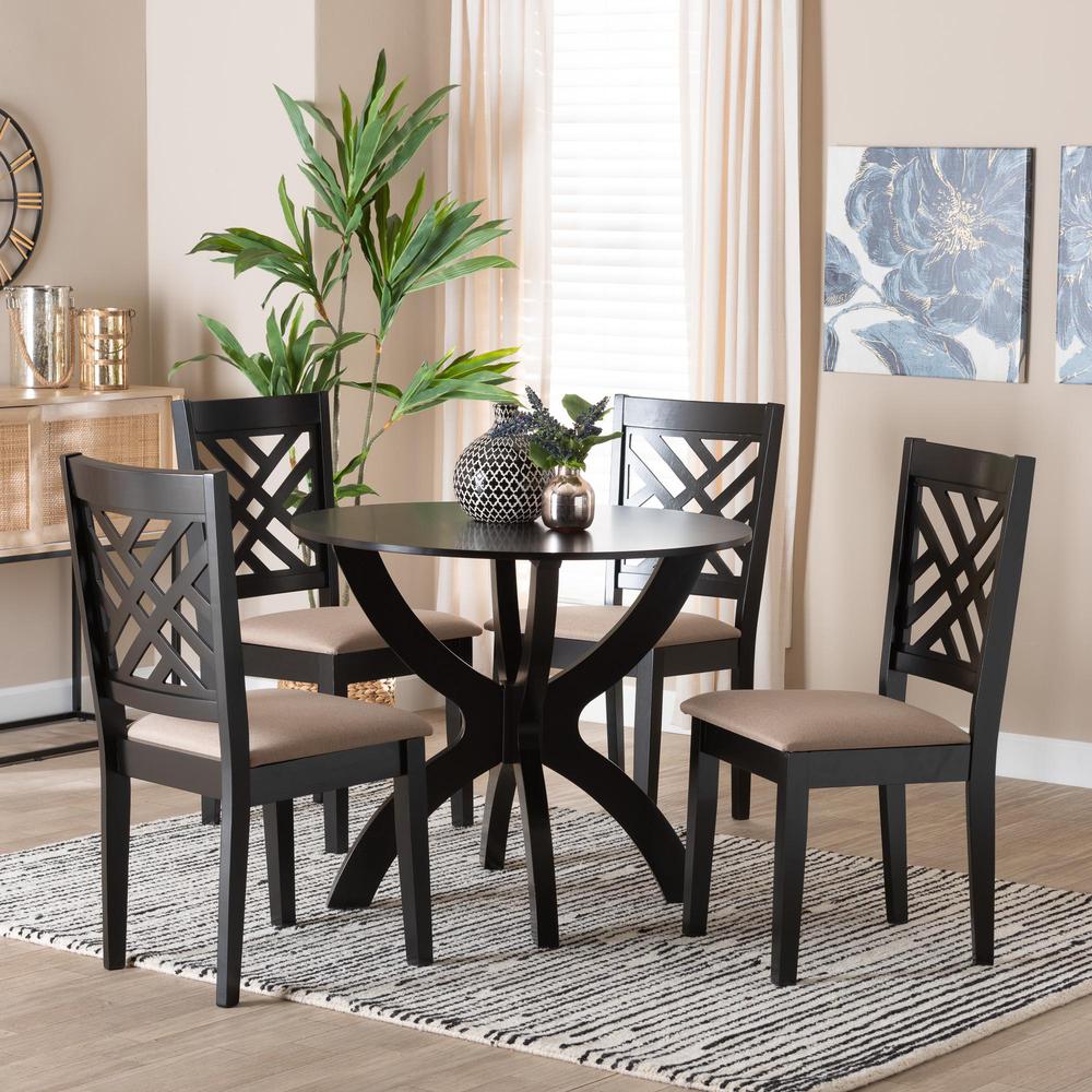 Edona Modern Sand Fabric and Walnut Brown Finished Wood 5-Piece Dining Set. Picture 18
