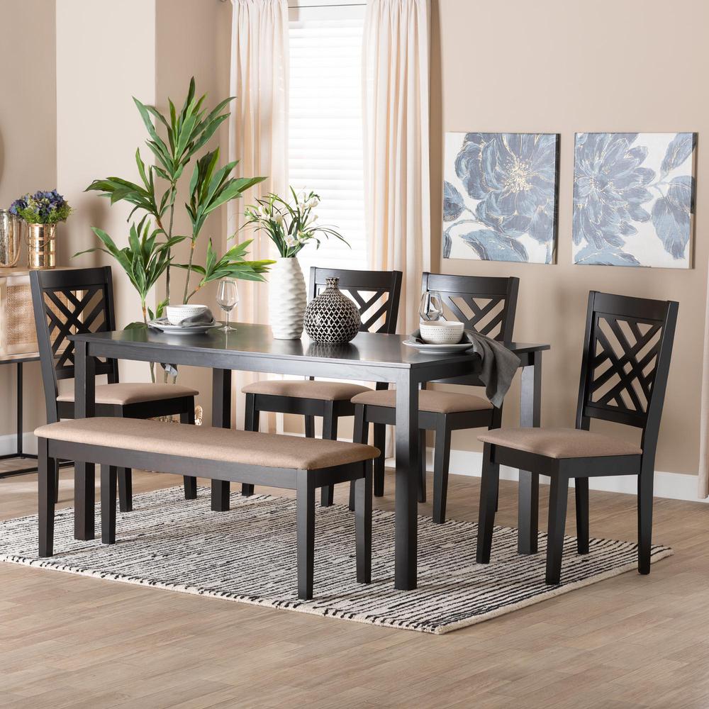 Gustavo Modern Sand Fabric and Walnut Brown Finished Wood 6-Piece Dining Set. Picture 20