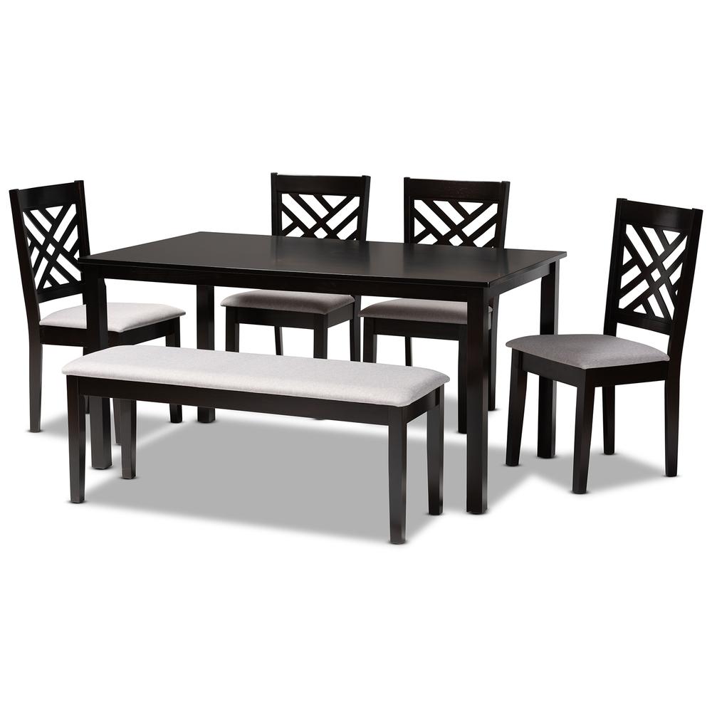 Grey Fabric Upholstered and Dark Brown Finished Wood 6-Piece Dining Set. Picture 11