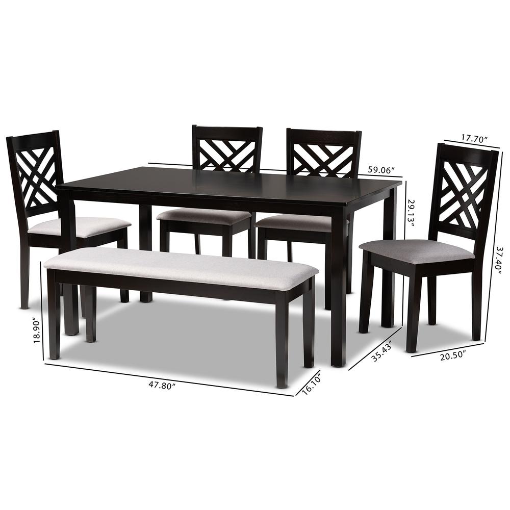 Grey Fabric Upholstered and Dark Brown Finished Wood 6-Piece Dining Set. Picture 20