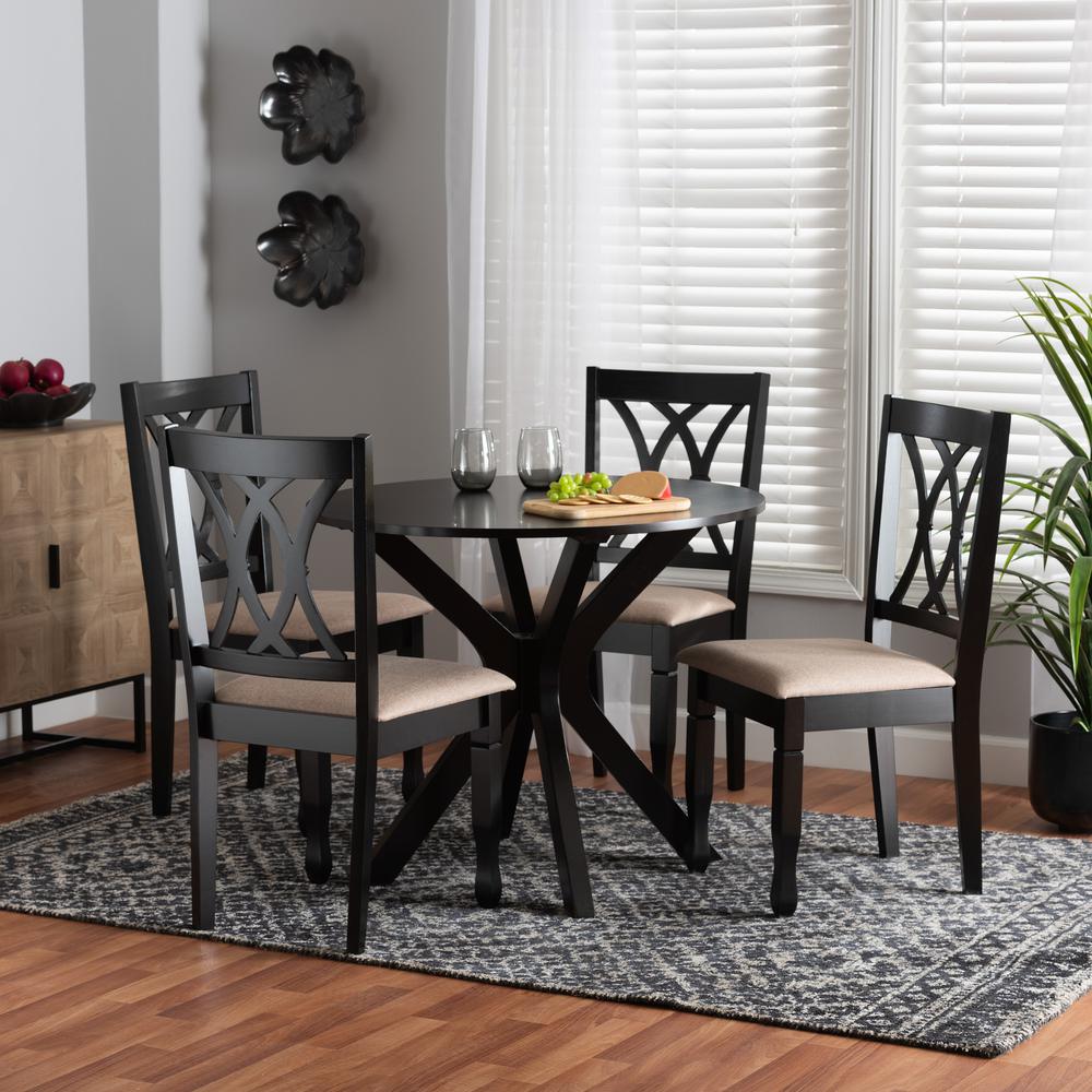Maya Modern Beige Fabric and Espresso Brown Finished Wood 5-Piece Dining Set. Picture 18