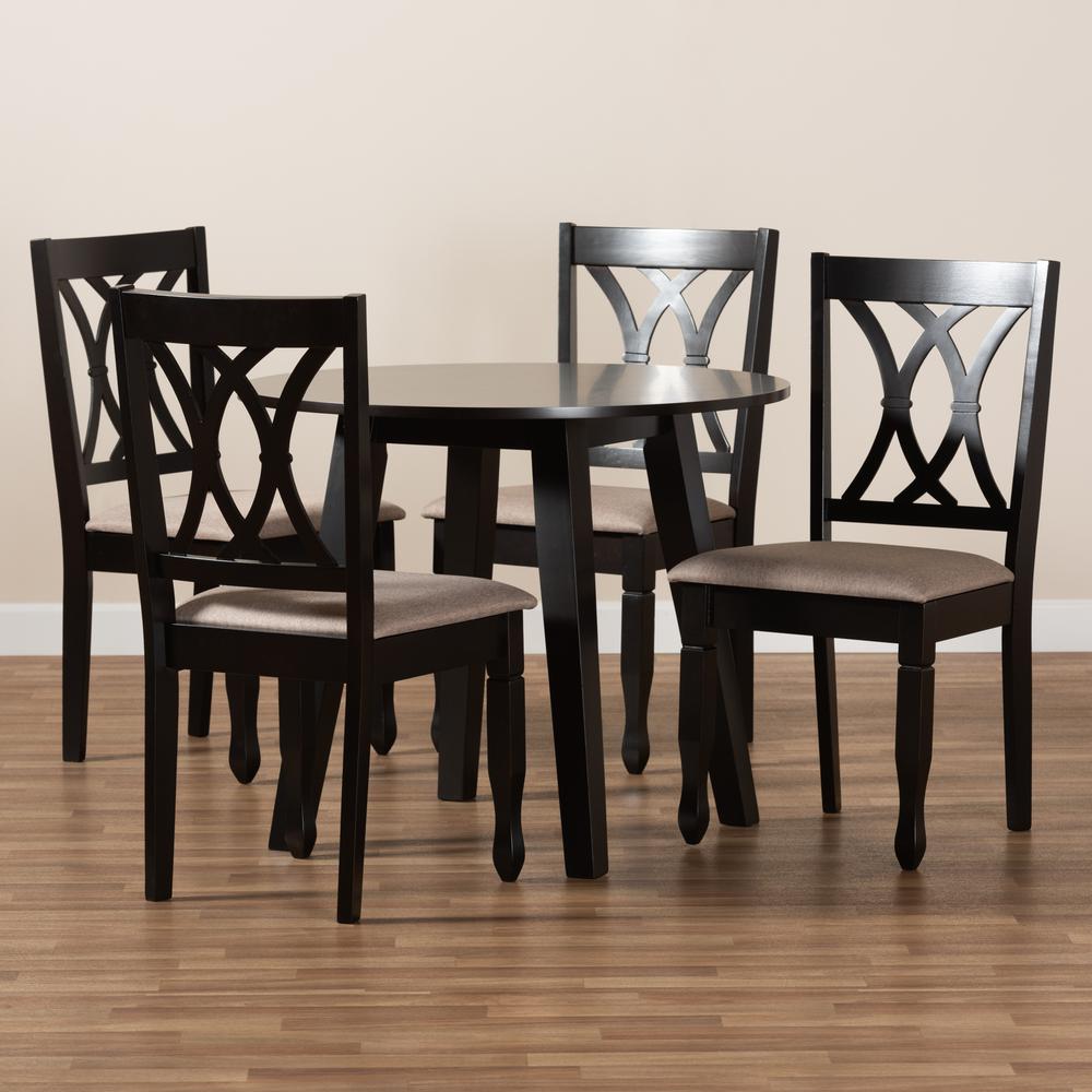 Sand Fabric Upholstered and Dark Brown Finished Wood 5-Piece Dining Set. Picture 17