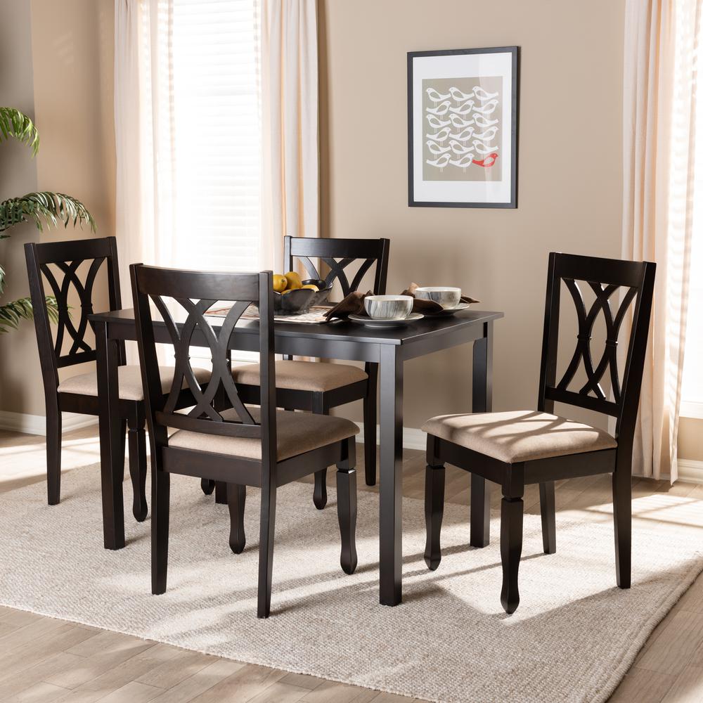 Baxton Studio Reneau Modern and Contemporary Sand Fabric Upholstered Espresso Brown Finished Wood 5-Piece Dining Set. Picture 4