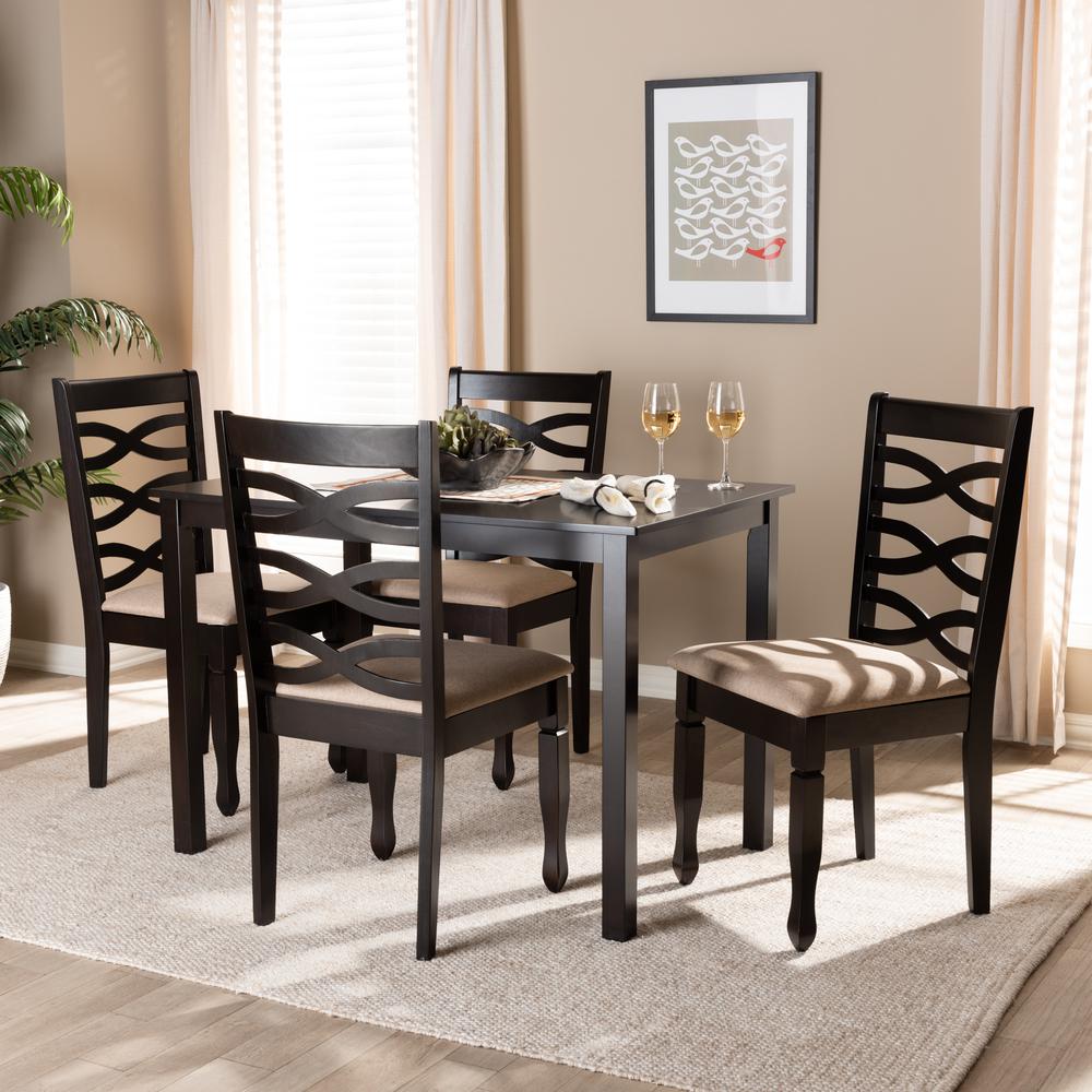 Sand Fabric Upholstered Espresso Brown Finished Wood 5-Piece Dining Set. Picture 8