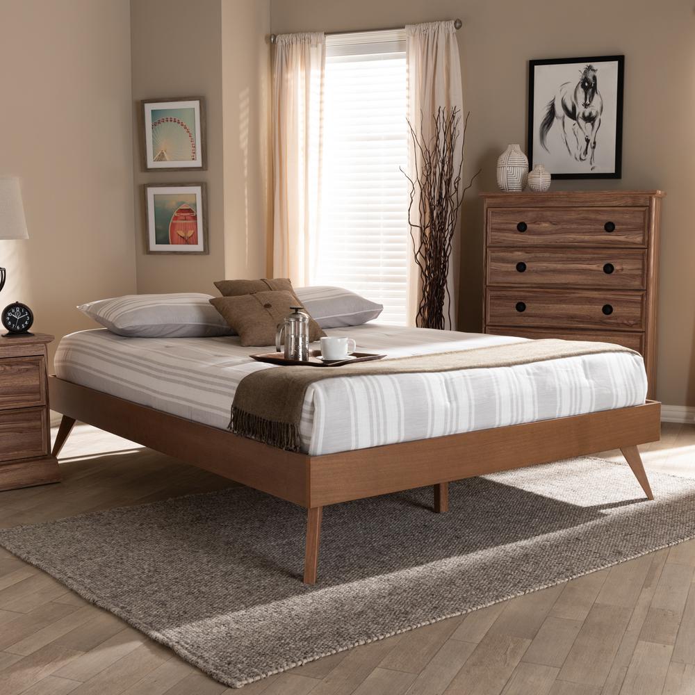 Mid-Century Modern Walnut Brown Finished Wood Full Size Platform Bed Frame. Picture 10
