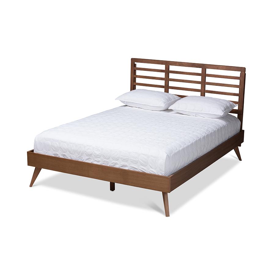 Calisto Mid-Century Modern Walnut Brown Finished Wood Queen Size Platform Bed. Picture 1