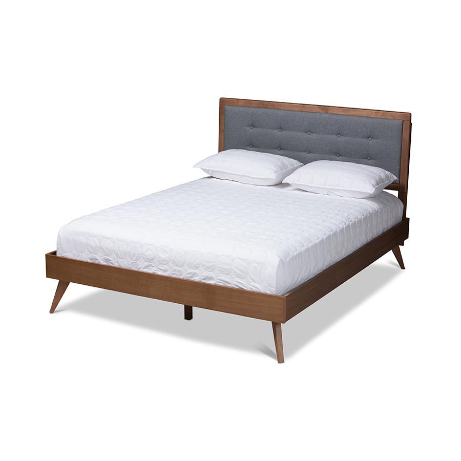 Baxton Studio Ines Mid-Century Modern Dark Grey Fabric Upholstered Walnut Brown Finished Wood Queen Size Platform Bed. Picture 1