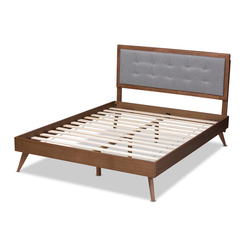 Light Grey Fabric Upholstered Walnut Brown Finished Wood Full Size Platform Bed. Picture 13