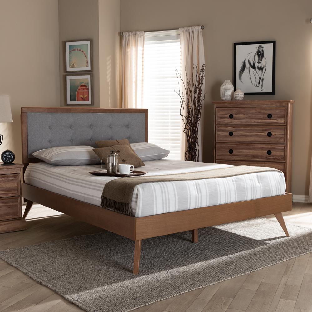 Baxton Studio Ines Mid-Century Modern Light Grey Fabric Upholstered Walnut Brown Finished Wood Queen Size Platform Bed. Picture 6