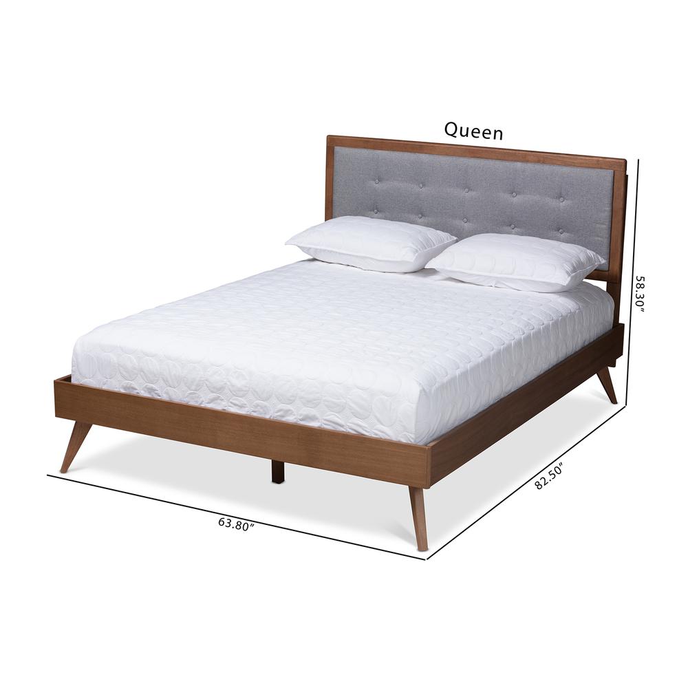 Baxton Studio Ines Mid-Century Modern Light Grey Fabric Upholstered Walnut Brown Finished Wood Queen Size Platform Bed. Picture 8
