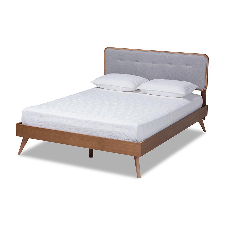 Baxton Studio Dilara Mid-Century Modern Light Grey Fabric Upholstered Walnut Brown Finished Wood Queen Size Platform Bed. Picture 1