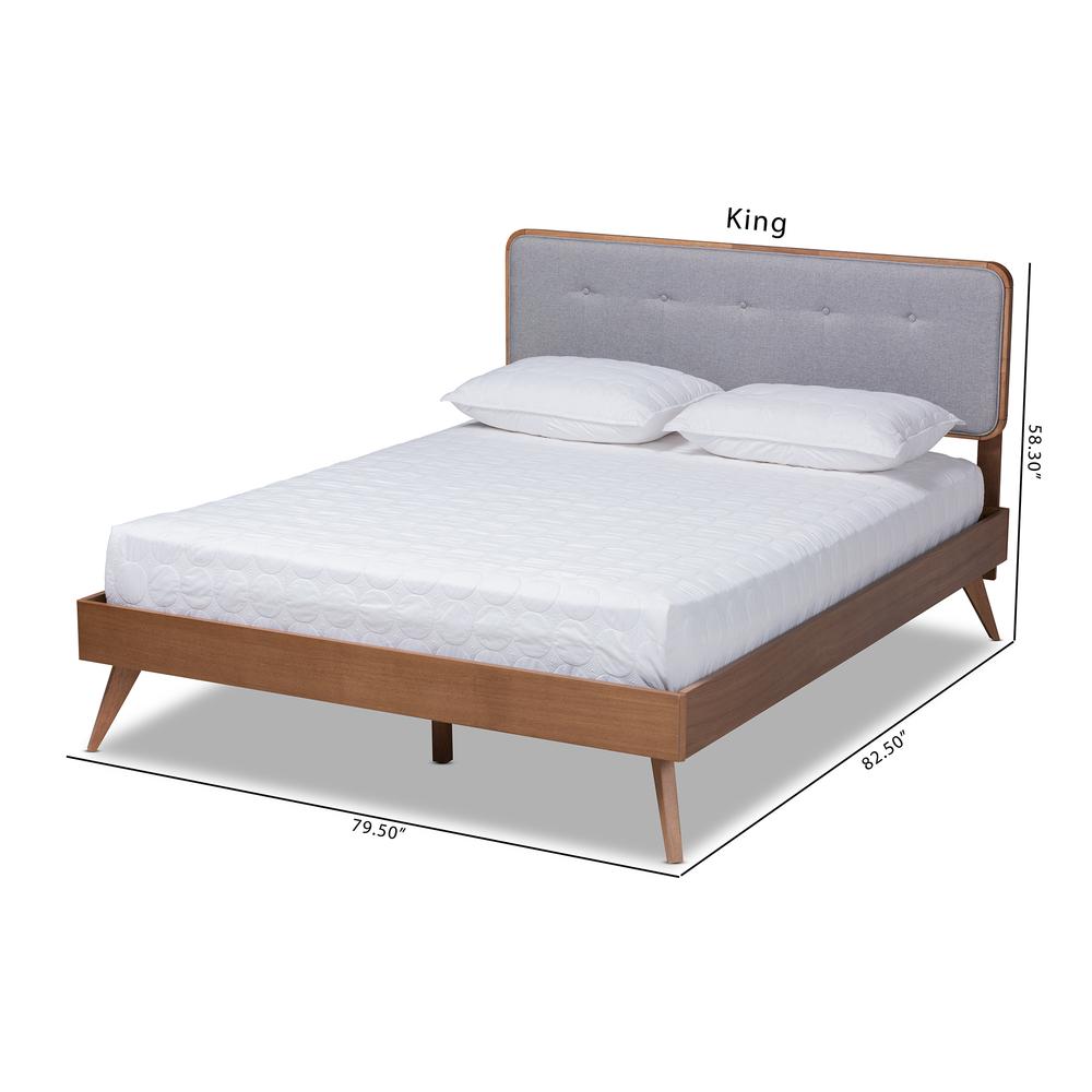 Baxton Studio Dilara Mid-Century Modern Light Grey Fabric Upholstered Walnut Brown Finished Wood Queen Size Platform Bed. Picture 10