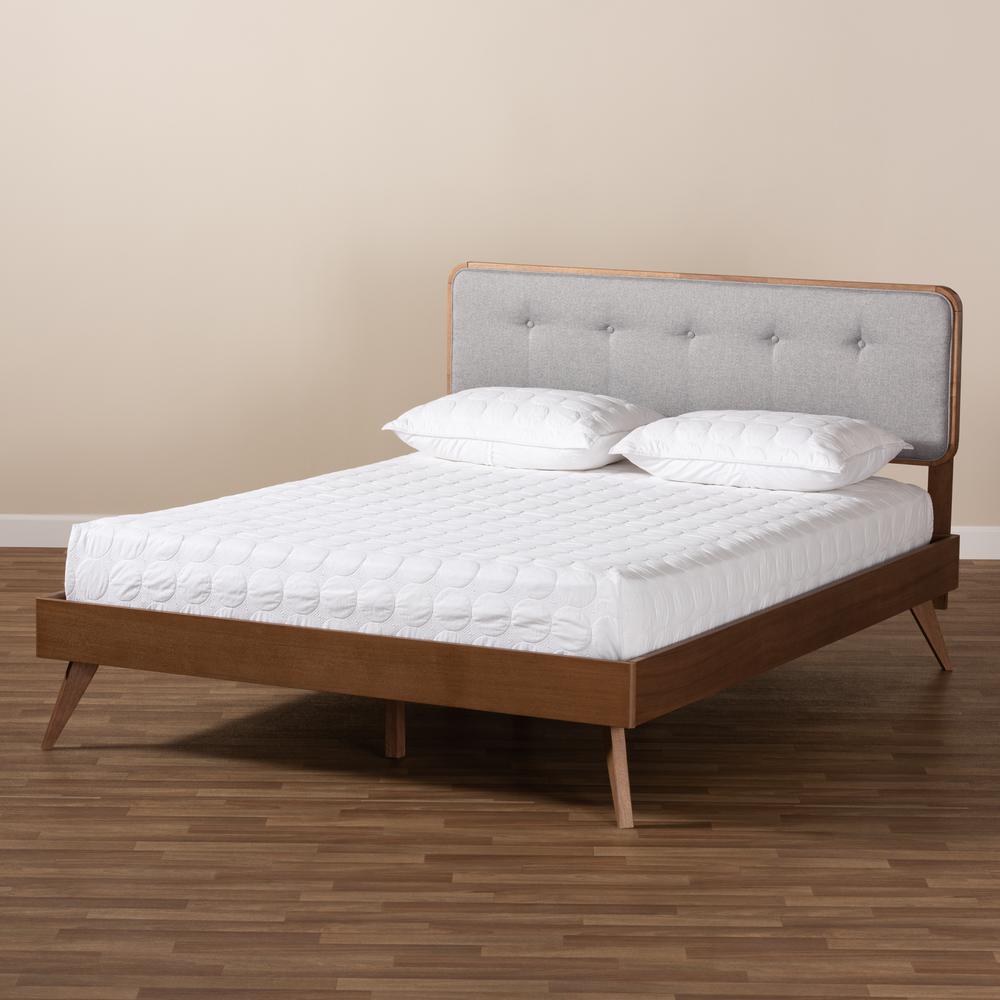 Baxton Studio Dilara Mid-Century Modern Light Grey Fabric Upholstered Walnut Brown Finished Wood Queen Size Platform Bed. Picture 7