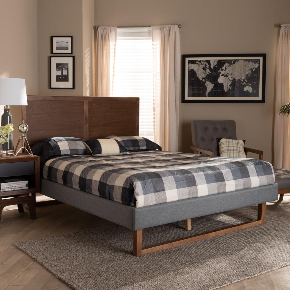 Baxton Studio Allegra MidCentury Modern Dark Grey Fabric Upholstered and Ash Walnut Brown Finished Wood Queen Size Platform Bed. Picture 6