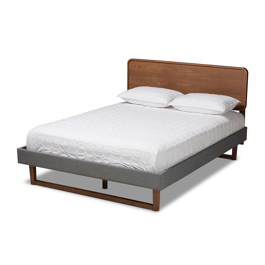 Baxton Studio Ayla Mid-Century Modern Dark Grey Fabric Upholstered Walnut Brown Finished Wood Queen Size Platform Bed. Picture 1