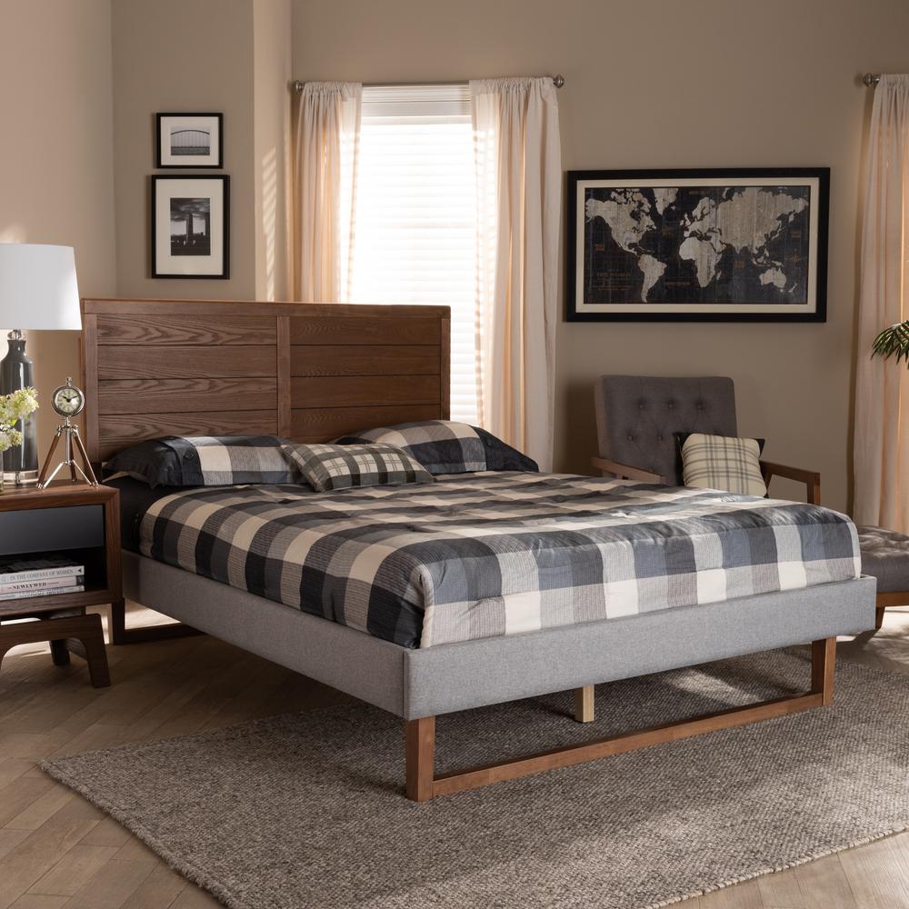 Baxton Studio Claudia Rustic Modern Light Grey Fabric Upholstered and Walnut Brown Finished Wood Full Size Platform Bed. Picture 6