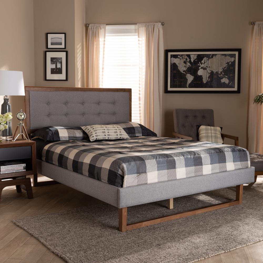 Baxton Studio Livinia Modern Transitional Light Grey Fabric Upholstered and Ash Walnut Brown Finished Wood Queen Size Platform Bed. Picture 6