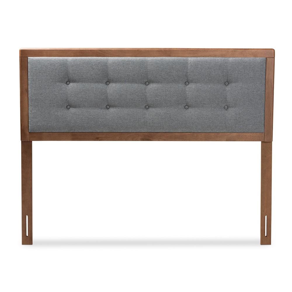 Dark Grey Fabric Upholstered Walnut Brown Finished Wood Full Size Headboard. Picture 10
