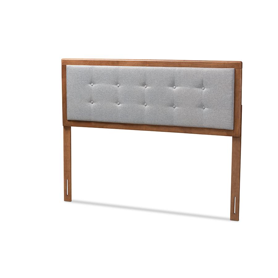 Baxton Studio Sarine Mid-Century Modern Light Grey Fabric Upholstered Walnut Brown Finished Wood Queen Size Headboard. Picture 1