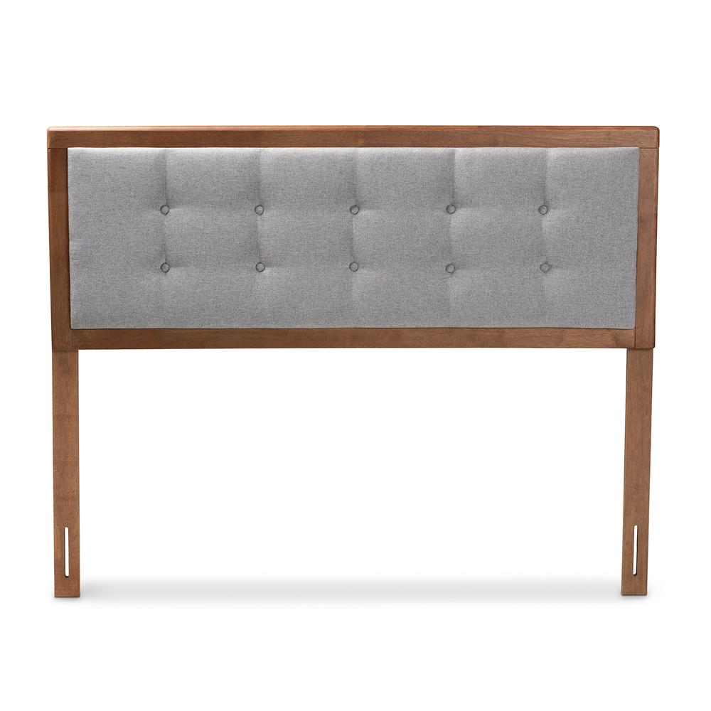 Light Grey Fabric Upholstered Walnut Brown Finished Wood Full Size Headboard. Picture 10