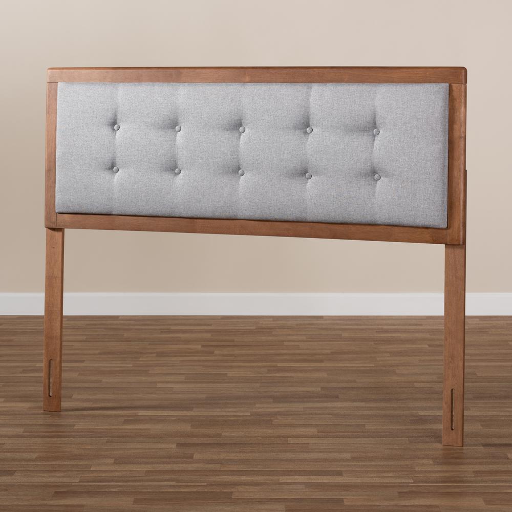 Light Grey Fabric Upholstered Walnut Brown Finished Wood Full Size Headboard. Picture 13