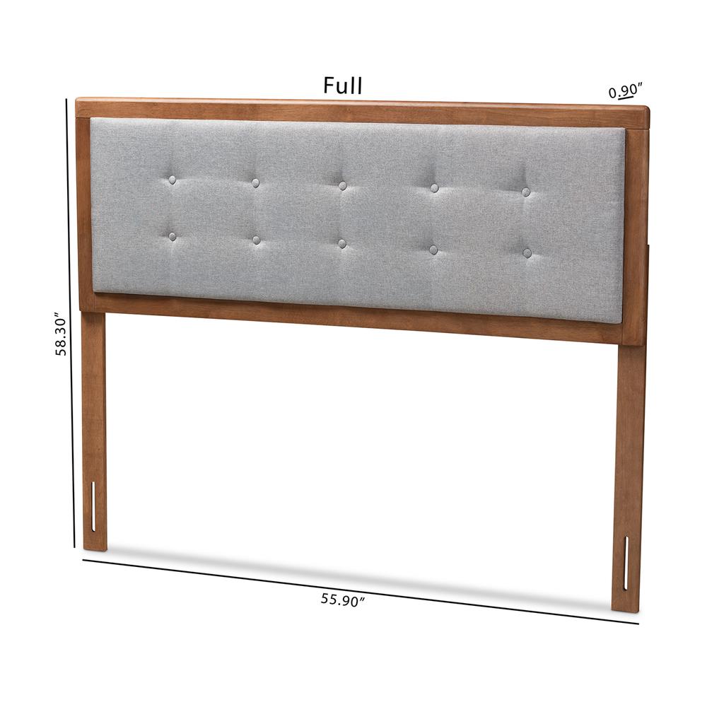 Light Grey Fabric Upholstered Walnut Brown Finished Wood Full Size Headboard. Picture 14