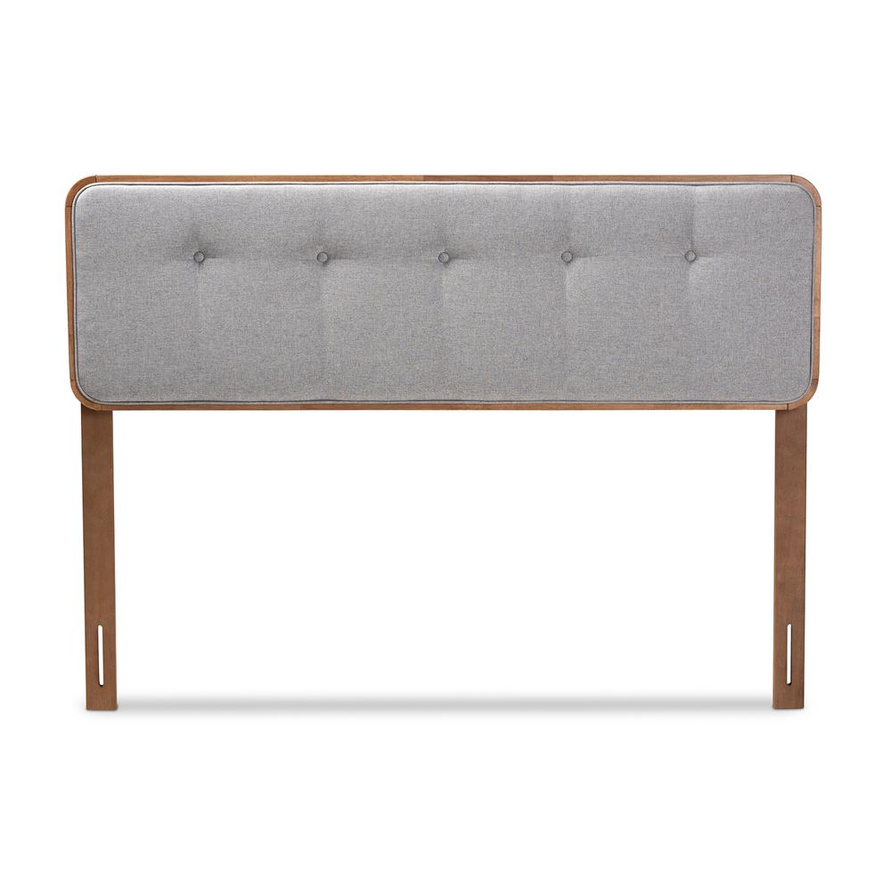 Light Grey Fabric Upholstered Walnut Brown Finished Wood Full Size Headboard. Picture 10