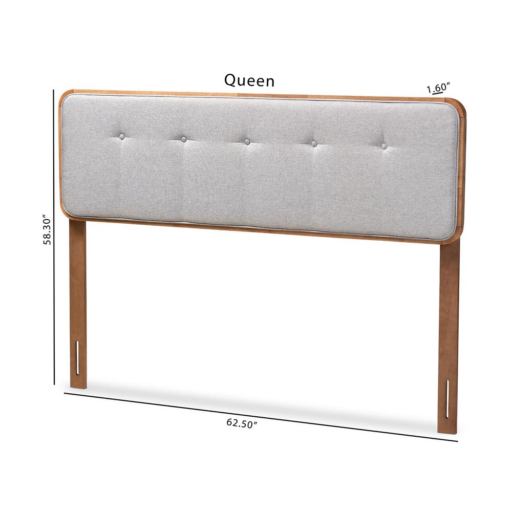 Baxton Studio Palina Mid-Century Modern Light Grey Fabric Upholstered Walnut Brown Finished Wood Queen Size Headboard. Picture 7