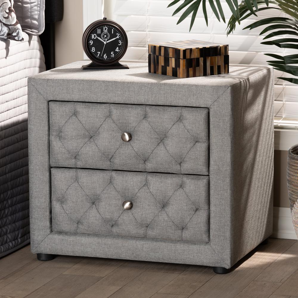 Lepine Modern and Contemporary Gray Fabric Upholstered 2-Drawer Wood Nightstand. Picture 14