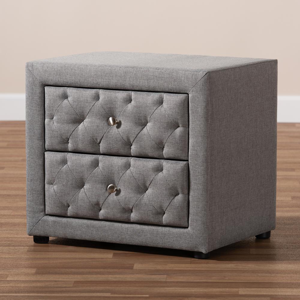 Lepine Modern and Contemporary Gray Fabric Upholstered 2-Drawer Wood Nightstand. Picture 15