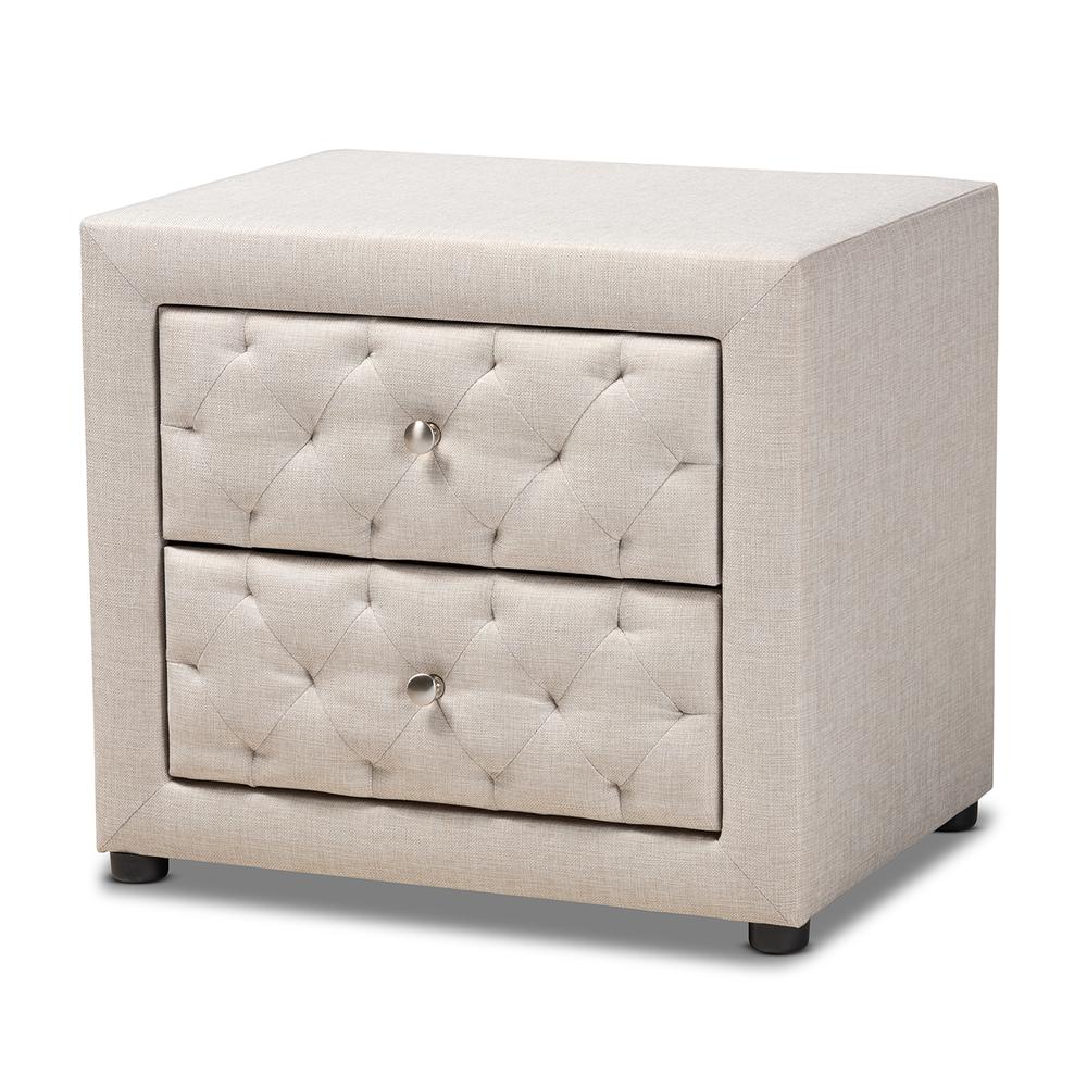 Light Beige Fabric Upholstered 2-Drawer Wood Nightstand. Picture 9