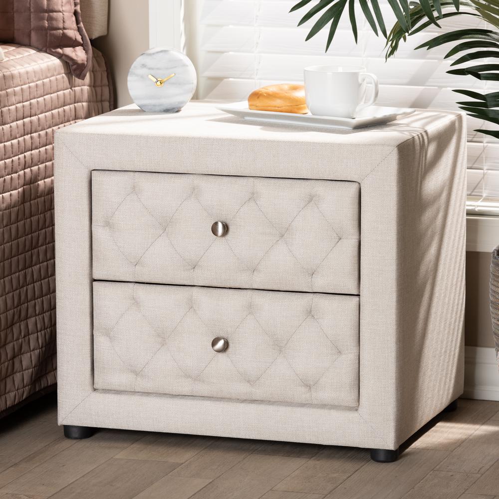 Light Beige Fabric Upholstered 2-Drawer Wood Nightstand. Picture 14