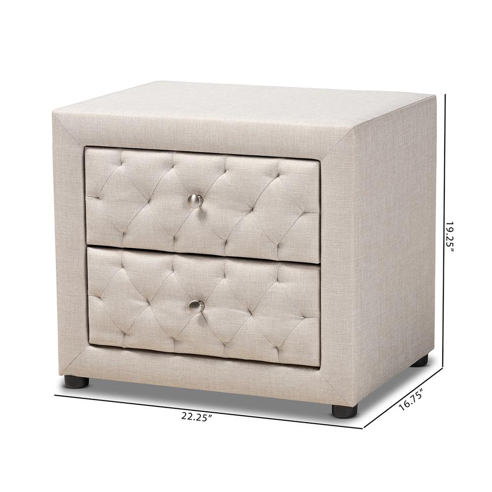 Light Beige Fabric Upholstered 2-Drawer Wood Nightstand. Picture 16