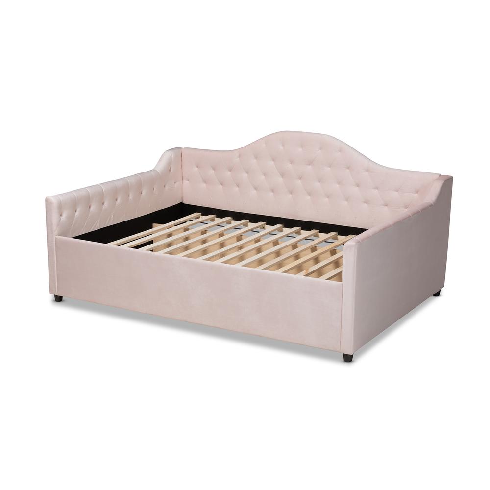 Baxton Studio Perry Modern and Contemporary Light Pink Velvet Fabric Upholstered and Button Tufted Queen Size Daybed. Picture 3