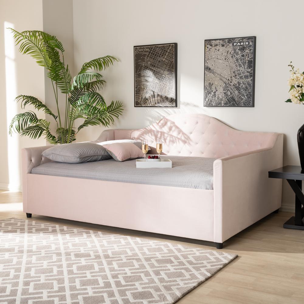 Baxton Studio Perry Modern and Contemporary Light Pink Velvet Fabric Upholstered and Button Tufted Queen Size Daybed. Picture 5
